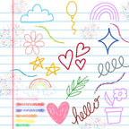 notebook paper, lined paper, school supplies, doodles, sketches, rainbow, hearts, stars, flowers, balloon, cloud, crescent moon, crayon marks, colorful scribbles, pink, blue, yellow, green, purple, red, whimsical drawings, childhood art,, fabric panel, back to school, playful patterns