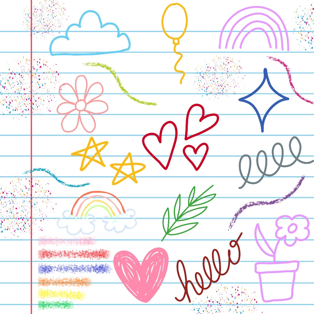notebook paper, lined paper, school supplies, doodles, sketches, rainbow, hearts, stars, flowers, balloon, cloud, crescent moon, crayon marks, colorful scribbles, pink, blue, yellow, green, purple, red, whimsical drawings, childhood art,, fabric panel, back to school, playful patterns