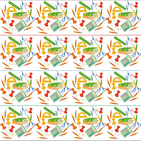 back to school, school supplies, educational pattern, repeating motif, books, calculator, scissors, ruler, pencils, pushpins, protractor, green, orange, red, blue, yellow, scattered design,, fabric panel, classroom theme, student supplies, geometric tools, academic elements, bright colors, crafting fabric