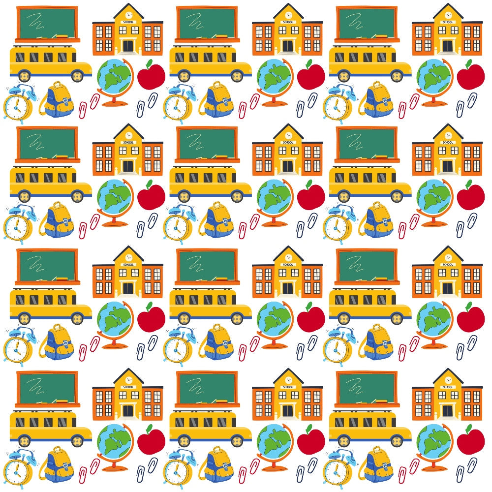 orange, yellow, green, blue, red, white, school bus, chalkboard, school building, globe, red apple, backpack, alarm clock, paper clips, back to school, educational theme, repeating pattern,, fabric panel, school supplies, geometric arrangement, bright colors, children's theme, september theme