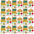 orange, yellow, green, blue, red, white, school bus, chalkboard, school building, globe, red apple, backpack, alarm clock, paper clips, back to school, educational theme, repeating pattern,, fabric panel, school supplies, geometric arrangement, bright colors, children's theme, september theme