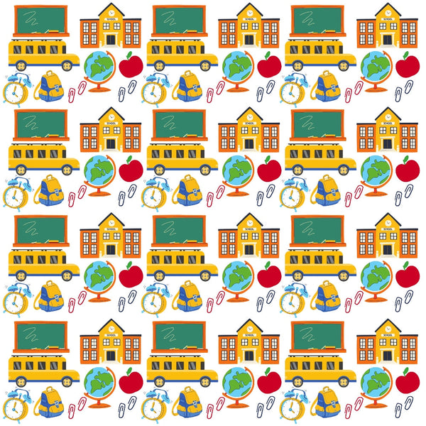 orange, yellow, green, blue, red, white, school bus, chalkboard, school building, globe, red apple, backpack, alarm clock, paper clips, back to school, educational theme, repeating pattern,, fabric panel, school supplies, geometric arrangement, bright colors, children's theme, september theme