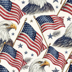 bald eagles, american flags, patriotic theme, red white blue, navy blue, cream background, stars, flagpoles, eagle heads, waving flags,, fabric panel, fourth of july, independence day, detailed illustration, realistic eagles, flag pattern, patriotic motifs, cotton fabric, repeating design