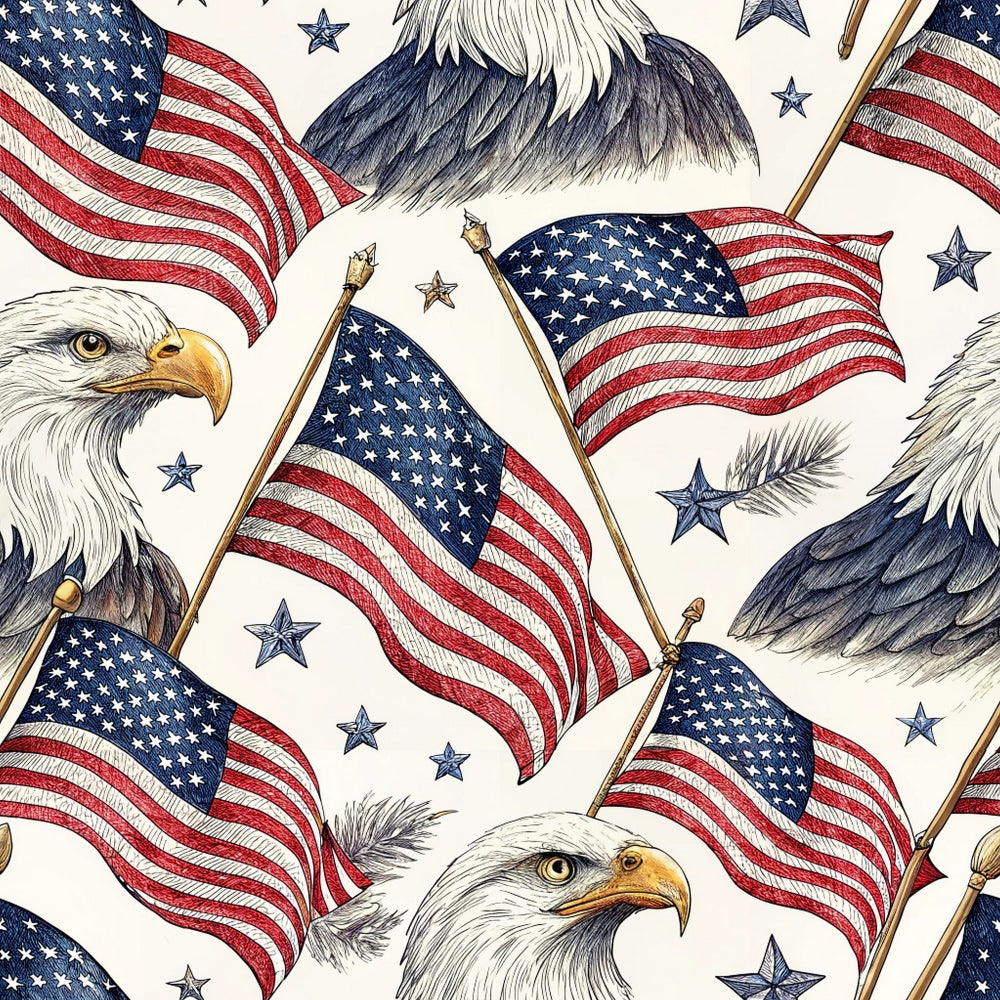 bald eagles, american flags, patriotic theme, red white blue, navy blue, cream background, stars, flagpoles, eagle heads, waving flags,, fabric panel, fourth of july, independence day, detailed illustration, realistic eagles, flag pattern, patriotic motifs, cotton fabric, repeating design