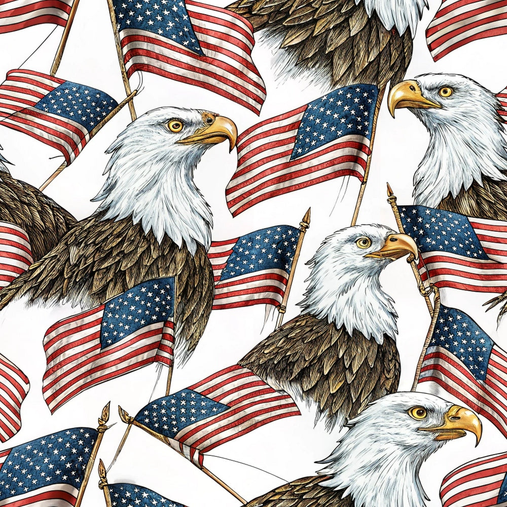 bald eagles, american flags, patriotic theme, red white blue, stars and stripes, realistic illustration, wildlife art, cotton fabric, quilting panel, repeating pattern, majestic birds, yellow beaks, brown feathers, white heads, flag poles, memorial day, fourth of july, americana motif, detailed artwork