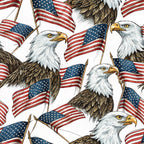 bald eagles, american flags, patriotic theme, red white blue, stars and stripes, realistic illustration, wildlife art, cotton fabric, quilting panel, repeating pattern, majestic birds, yellow beaks, brown feathers, white heads, flag poles, memorial day, fourth of july, americana motif, detailed artwork