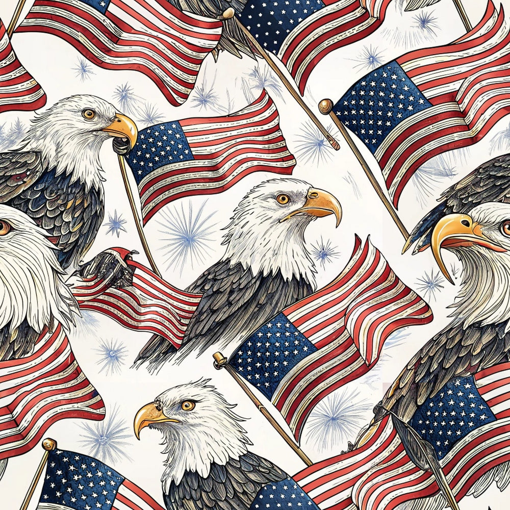 bald eagles, american flags, patriotic, red white blue, navy blue, fireworks, stars stripes, waving flags, eagle portraits,, fabric panel, fourth of july, independence day, americana, bird motifs, flag poles, seamless pattern, cotton fabric, patriotic theme, eagle heads