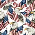 bald eagles, american flags, patriotic, red white blue, navy blue, waving flags, eagle heads, flag poles, stars and stripes,, fabric panel, americana, national bird, presidential, freedom theme, repeating pattern, realistic illustration, detailed artwork, cotton fabric, crafting material