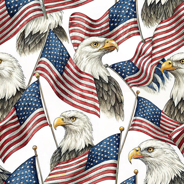bald eagles, american flags, patriotic, red white blue, navy blue, waving flags, eagle heads, flag poles, stars and stripes,, fabric panel, americana, national bird, presidential, freedom theme, repeating pattern, realistic illustration, detailed artwork, cotton fabric, crafting material
