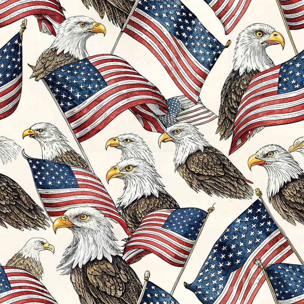 bald eagles, american flags, patriotic pattern, red white blue, stars stripes,, fabric panel, eagles heads, waving flags, americana theme, bird motifs, patriotic symbols, cotton fabric, quilting material, repeating pattern, national pride, eagle illustrations, flag design, patriotic colors, textile panel