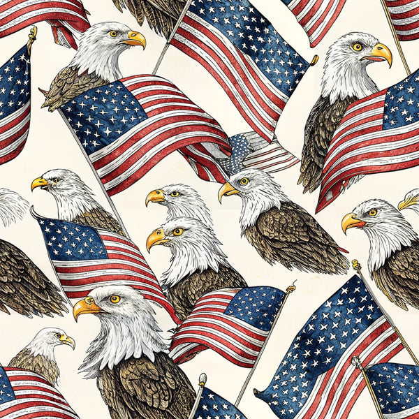 bald eagles, american flags, patriotic pattern, red white blue, stars stripes,, fabric panel, eagles heads, waving flags, americana theme, bird motifs, patriotic symbols, cotton fabric, quilting material, repeating pattern, national pride, eagle illustrations, flag design, patriotic colors, textile panel