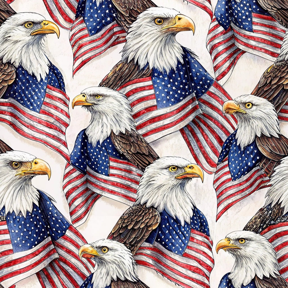 bald eagles, american flags, patriotic, red white blue, stars stripes,, fabric panel, repeating pattern, realistic eagles, yellow beaks, brown feathers, white heads, flag background, fourth of july, memorial day, veterans day, americana theme, detailed illustration, cotton fabric, sewing material