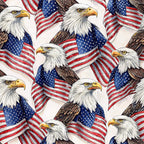 bald eagles, american flags, patriotic, red white blue, stars stripes,, fabric panel, repeating pattern, realistic eagles, yellow beaks, brown feathers, white heads, flag background, fourth of july, memorial day, veterans day, americana theme, detailed illustration, cotton fabric, sewing material
