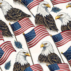 bald eagles, american flags, patriotic, red white blue, navy blue, golden yellow, brown feathers, white heads, stars stripes,, fabric panel, repeating pattern, realistic illustration, detailed artwork, americana theme, national symbols, flying flags, eagle portraits, patriotic motif, cotton fabric