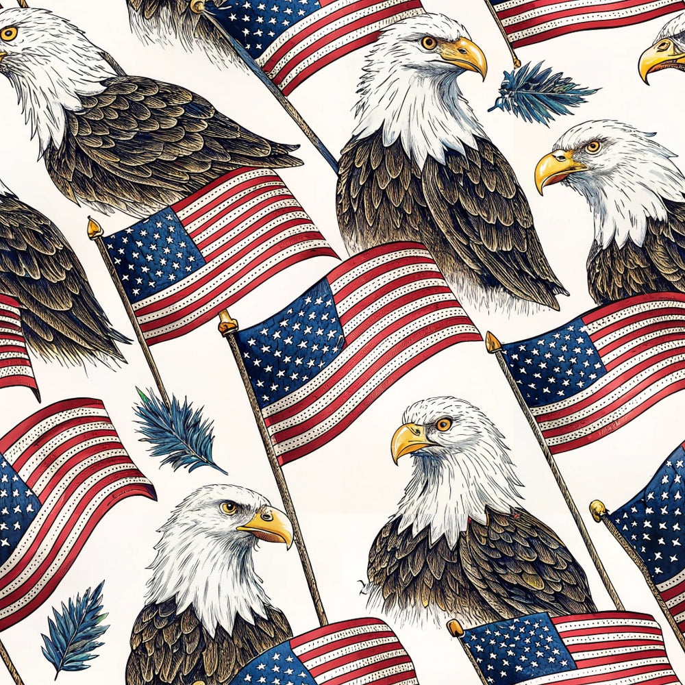 bald eagles, american flags, patriotic, red white blue, navy blue, golden yellow, brown feathers, white heads, stars stripes,, fabric panel, repeating pattern, realistic illustration, detailed artwork, americana theme, national symbols, flying flags, eagle portraits, patriotic motif, cotton fabric