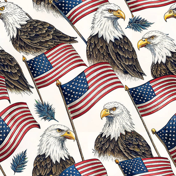bald eagles, american flags, patriotic, red white blue, navy blue, golden yellow, brown feathers, white heads, stars stripes,, fabric panel, repeating pattern, realistic illustration, detailed artwork, americana theme, national symbols, flying flags, eagle portraits, patriotic motif, cotton fabric