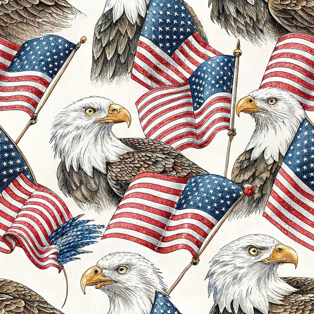 bald eagles, american flags, patriotic, red white blue, stars stripes, realistic illustration, detailed artwork,, fabric panel, americana, national symbols, fourth of july, independence day, eagle heads, flag poles, waving flags, sketched style, naturalistic birds, patriotic theme