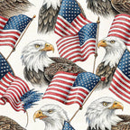 bald eagles, american flags, patriotic, red white blue, stars stripes, realistic illustration, detailed artwork,, fabric panel, americana, national symbols, fourth of july, independence day, eagle heads, flag poles, waving flags, sketched style, naturalistic birds, patriotic theme