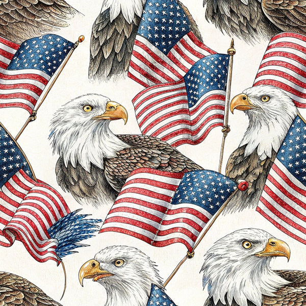bald eagles, american flags, patriotic, red white blue, stars stripes, realistic illustration, detailed artwork,, fabric panel, americana, national symbols, fourth of july, independence day, eagle heads, flag poles, waving flags, sketched style, naturalistic birds, patriotic theme
