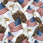 bald eagles, american flags, patriotic, red white blue, stars stripes,, fabric panel, realistic eagles, waving flags, brown feathers, white heads, yellow beaks, americana theme, bird motifs, repeating pattern, cotton fabric, quilting material, patriotic design, eagle illustrations, flag poles