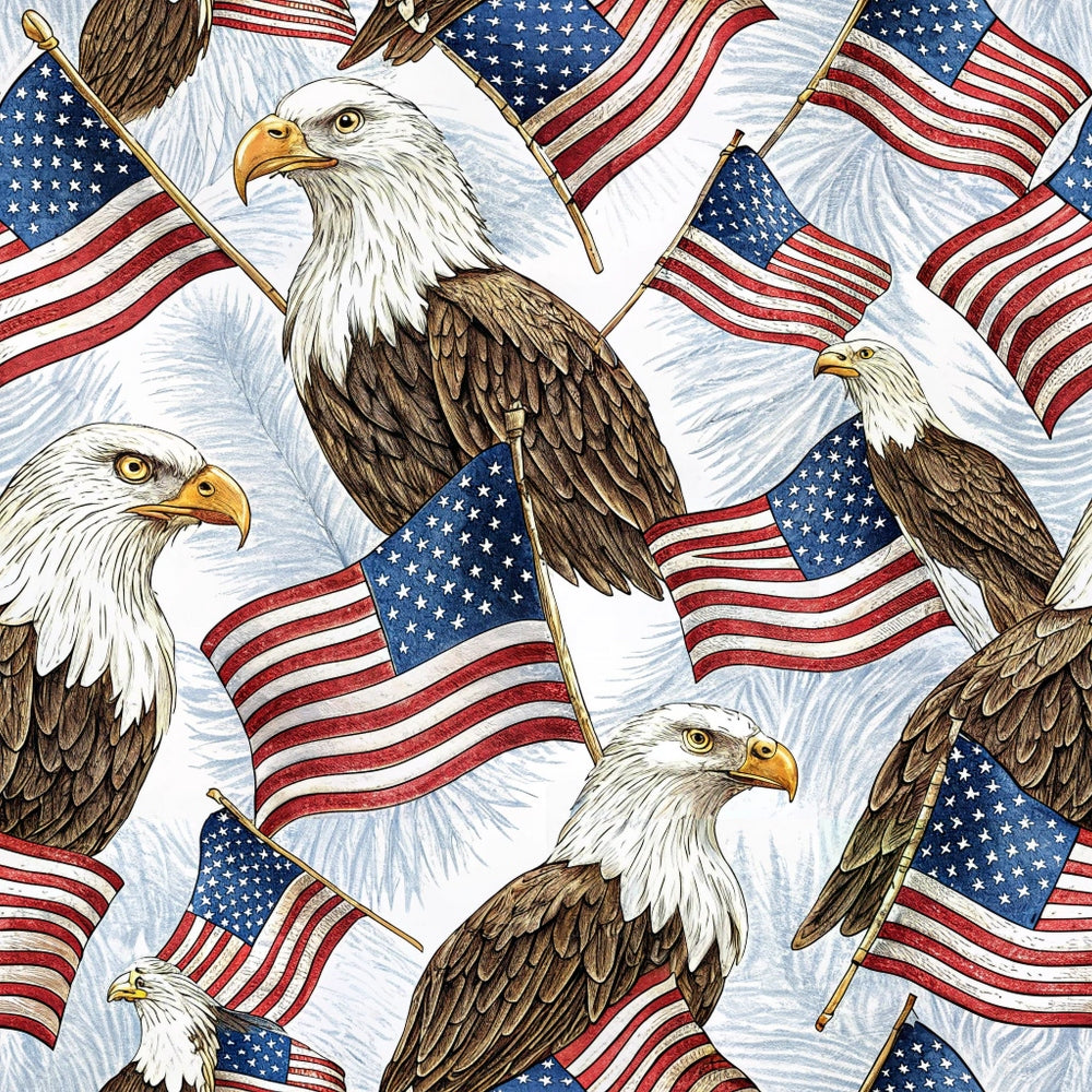 bald eagles, american flags, patriotic, red white blue, stars stripes,, fabric panel, realistic eagles, waving flags, brown feathers, white heads, yellow beaks, americana theme, bird motifs, repeating pattern, cotton fabric, quilting material, patriotic design, eagle illustrations, flag poles