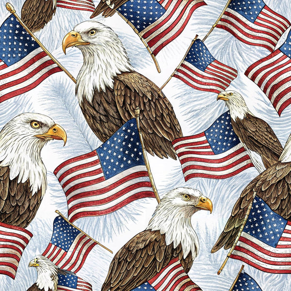 bald eagles, american flags, patriotic, red white blue, stars stripes,, fabric panel, realistic eagles, waving flags, brown feathers, white heads, yellow beaks, americana theme, bird motifs, repeating pattern, cotton fabric, quilting material, patriotic design, eagle illustrations, flag poles