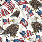 bald eagles, american flags, patriotic, red white blue, brown feathers, yellow talons, flying eagles, flagpoles, stars stripes,, fabric panel, americana, national bird, waving flags, detailed illustration, realistic style, seamless pattern, repeating design, political theme, independence day