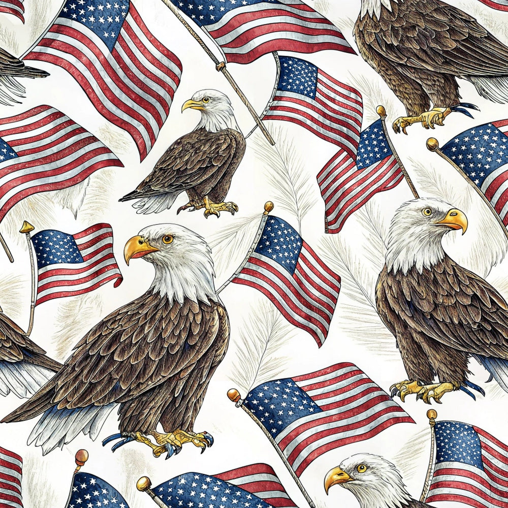 bald eagles, american flags, patriotic, red white blue, brown feathers, yellow talons, flying eagles, flagpoles, stars stripes,, fabric panel, americana, national bird, waving flags, detailed illustration, realistic style, seamless pattern, repeating design, political theme, independence day