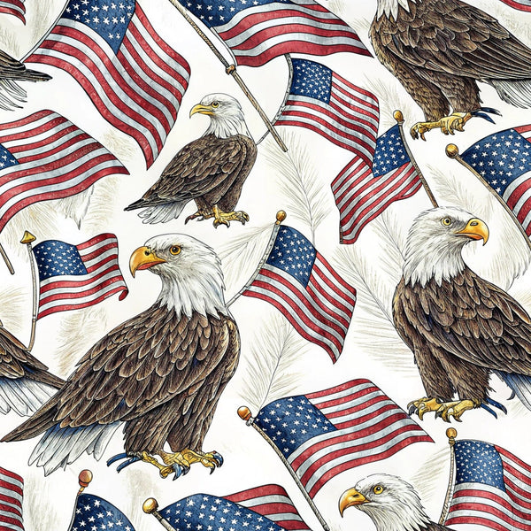bald eagles, american flags, patriotic, red white blue, brown feathers, yellow talons, flying eagles, flagpoles, stars stripes,, fabric panel, americana, national bird, waving flags, detailed illustration, realistic style, seamless pattern, repeating design, political theme, independence day
