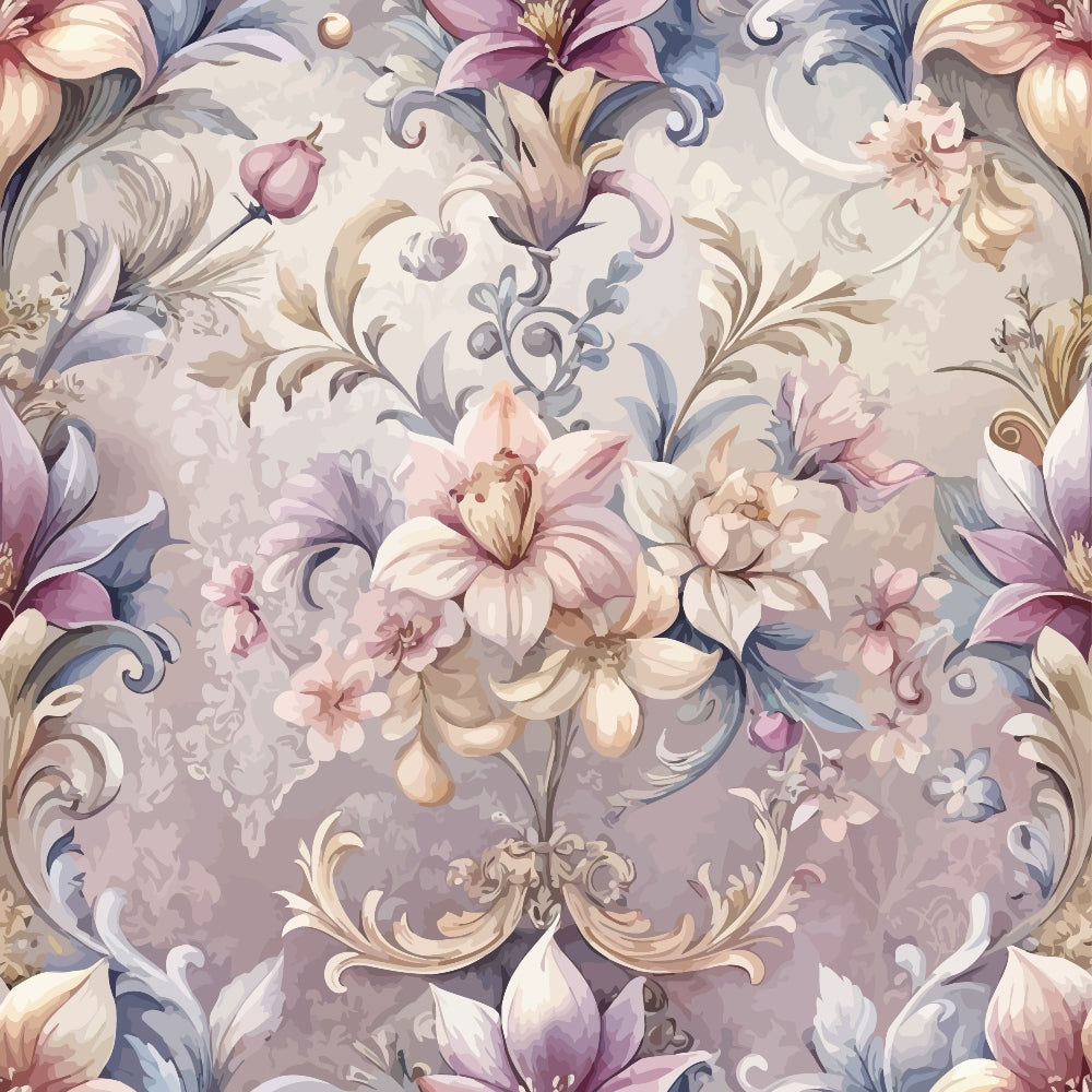 baroque florals, lilies, ornate scrollwork, mauve, dusty rose, sage green, cream, lavender, vintage damask, decorative swirls, botanical motifs, elegant flowers, rococo style, muted pastels,, fabric panel, floral arrangement, antique aesthetic, soft tones, ornamental design