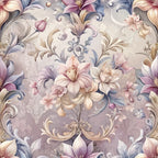 baroque florals, lilies, ornate scrollwork, mauve, dusty rose, sage green, cream, lavender, vintage damask, decorative swirls, botanical motifs, elegant flowers, rococo style, muted pastels,, fabric panel, floral arrangement, antique aesthetic, soft tones, ornamental design