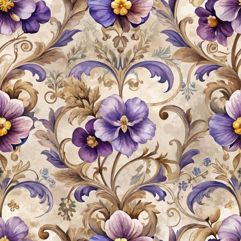 purple flowers, baroque pattern, ornate scrollwork, floral motifs, cream background, lavender blooms, brown foliage, decorative swirls, vintage style,, fabric panel, elegant design, rococo elements, botanical print, soft pastels, intricate details, damask style, flowing vines, romantic florals