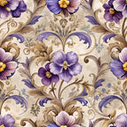 purple flowers, baroque pattern, ornate scrollwork, floral motifs, cream background, lavender blooms, brown foliage, decorative swirls, vintage style,, fabric panel, elegant design, rococo elements, botanical print, soft pastels, intricate details, damask style, flowing vines, romantic florals