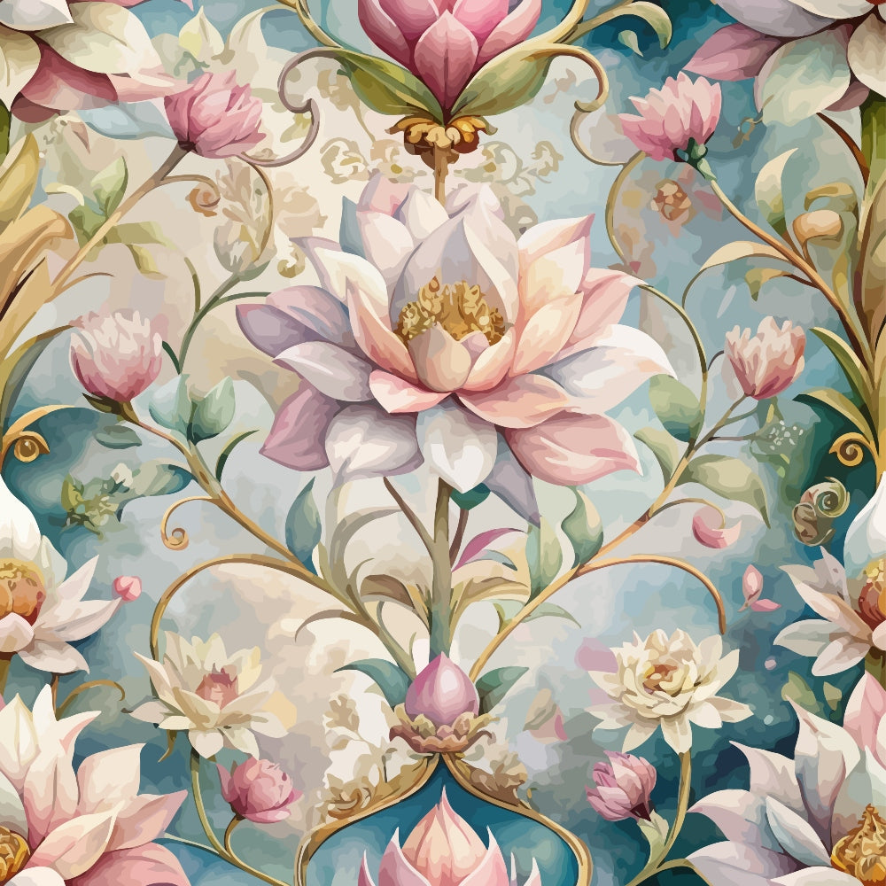 baroque florals, pink flowers, white petals, teal background, ornate scrollwork, lotus blooms, watercolor style, decorative swirls, pastel colors, botanical motifs, elegant pattern,, fabric panel, floral design, gold accents, romantic mood, vintage inspired, soft pastels, ornamental flourishes