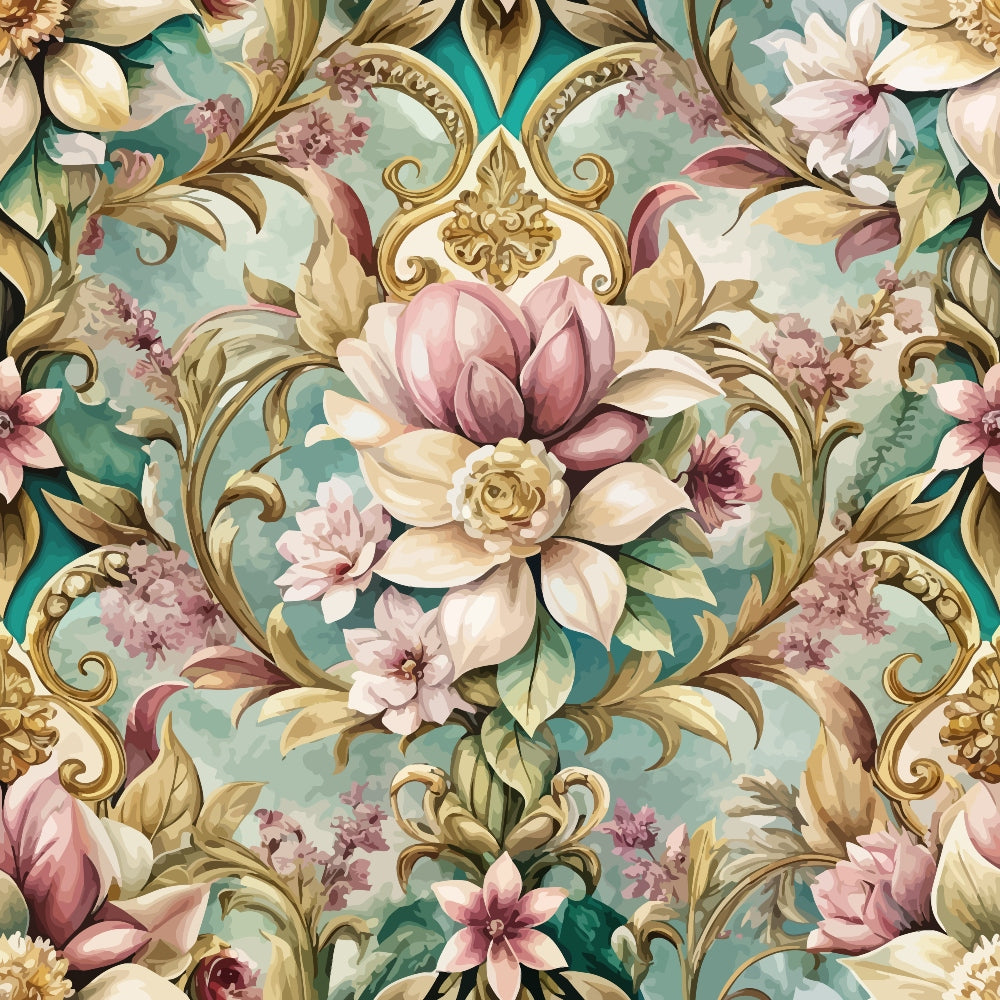 baroque pattern, floral design, pink flowers, cream blossoms, teal background, gold scrollwork, ornate damask, magnolia blooms, decorative flourishes, vintage style,, fabric panel, romantic florals, pastel palette, elegant motifs, botanical print, rococo elements, soft pink, sage green, antique gold