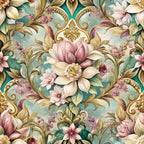 baroque pattern, floral design, pink flowers, cream blossoms, teal background, gold scrollwork, ornate damask, magnolia blooms, decorative flourishes, vintage style,, fabric panel, romantic florals, pastel palette, elegant motifs, botanical print, rococo elements, soft pink, sage green, antique gold