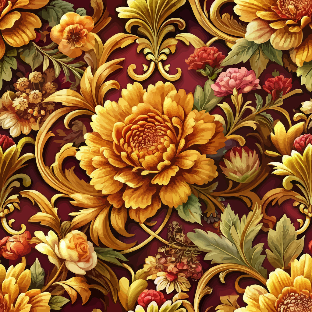 burgundy background, golden yellow flowers, baroque pattern, ornate florals, decorative scrollwork, chrysanthemums, roses, coral pink blooms, olive green leaves, swirling vines, elaborate design, rich colors, vintage style,, fabric panel, luxurious motifs, autumn tones, detailed petals, flowing acanthus