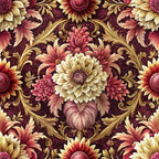 burgundy, maroon, gold, cream, pink, coral, baroque pattern, ornate florals, damask design, decorative scrollwork, vintage flowers, elaborate petals, intricate details,, fabric panel, rich colors, luxurious motifs, repeating pattern, floral medallions, autumn tones