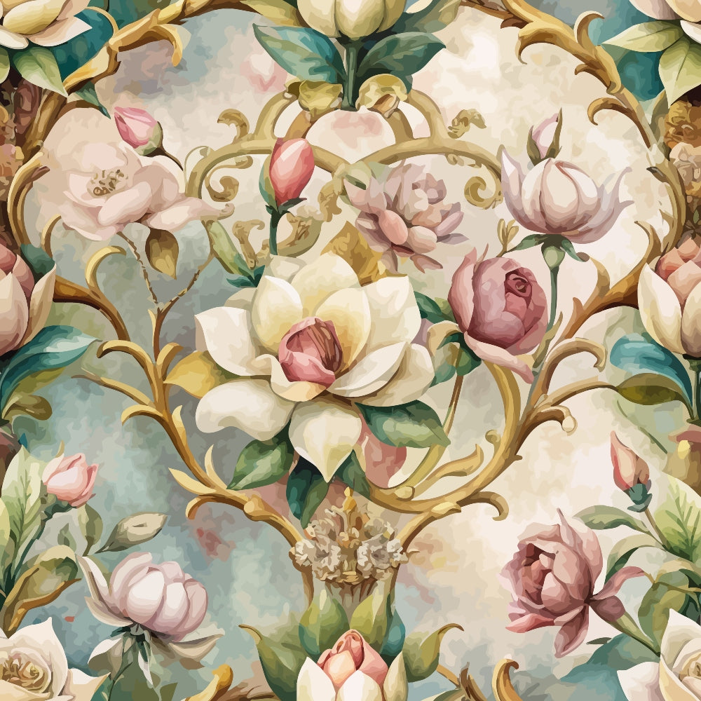 baroque florals, ornate scrollwork, pink roses, cream magnolias, sage green leaves, gold accents, rococo style, vintage floral, decorative motifs,, fabric panel, romantic flowers, pastel palette, elegant blooms, botanical design, soft pink, ivory white, teal blue, ornamental pattern, luxurious florals