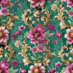 teal background, pink flowers, purple blooms, gold baroque scrolls, ornate flourishes, floral pattern,, fabric panel, vintage style, decorative swirls, romantic florals, emerald green, magenta petals, elaborate scrollwork, botanical design, rich colors, ornamental motifs, luxurious pattern, detailed flowers
