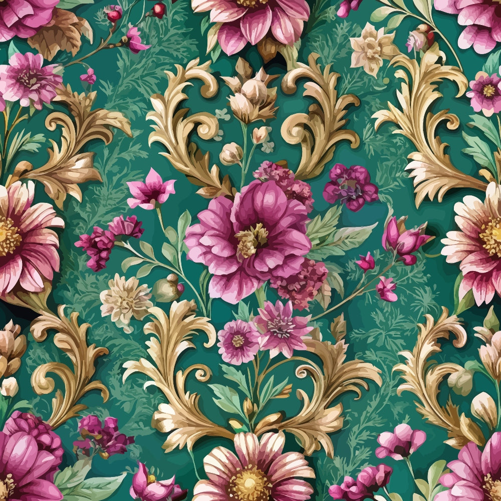 teal background, pink flowers, purple blooms, gold baroque scrolls, ornate flourishes, floral pattern,, fabric panel, vintage style, decorative swirls, romantic florals, emerald green, magenta petals, elaborate scrollwork, botanical design, rich colors, ornamental motifs, luxurious pattern, detailed flowers