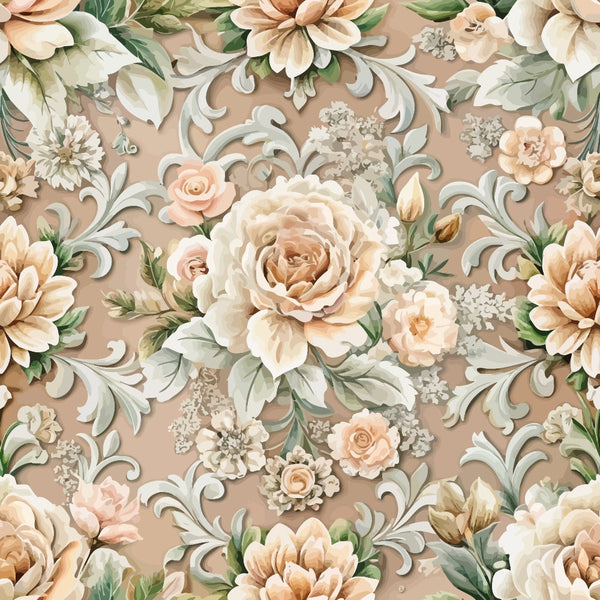 baroque floral pattern,, fabric panel, blush pink, cream roses, sage green, taupe background, ornate scrollwork, vintage florals, romantic style, soft pastels, decorative swirls, rose bouquets, feminine design, cotton fabric, quilting material, floral motifs, elegant pattern, muted tones, botanical design