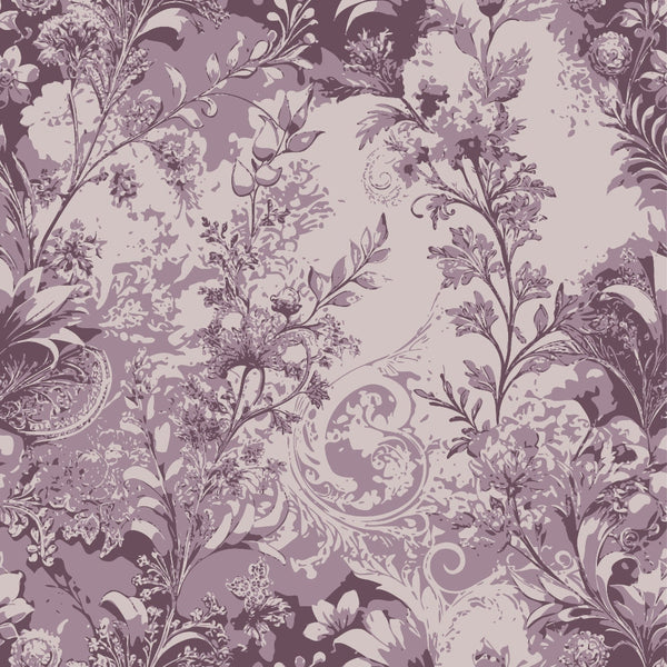 mauve, dusty purple, cream, baroque florals, ornate scrollwork, botanical motifs, vintage damask, decorative swirls, floral branches, elegant pattern, monochromatic design,, fabric panel, romantic style, victorian inspired, intricate details, flowing vines, ornamental design, muted tones, sophisticated florals