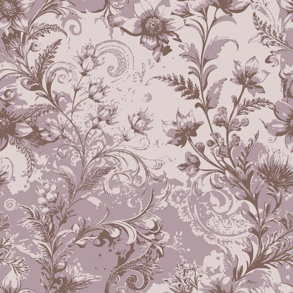 mauve, dusty rose, lavender, baroque florals, ornate scrollwork, paisley motifs, vintage botanical, decorative swirls, intricate flowers,, fabric panel, romantic pattern, elegant design, floral damask, ornamental vines, sophisticated palette, detailed foliage, decorative art, flowing curves, textile design