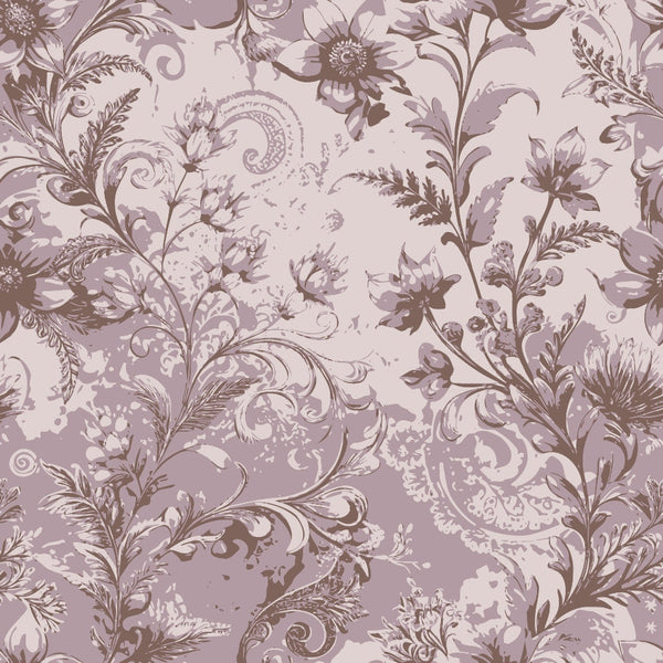 mauve, dusty rose, lavender, baroque florals, ornate scrollwork, paisley motifs, vintage botanical, decorative swirls, intricate flowers,, fabric panel, romantic pattern, elegant design, floral damask, ornamental vines, sophisticated palette, detailed foliage, decorative art, flowing curves, textile design