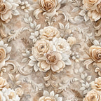 beige, cream, taupe, brown, baroque pattern, vintage roses, ornate florals, decorative scrollwork, romantic flowers, muted tones,, fabric panel, elegant design, neutral palette, rose bouquets, flowing vines, soft pastels, damask style, luxurious motifs