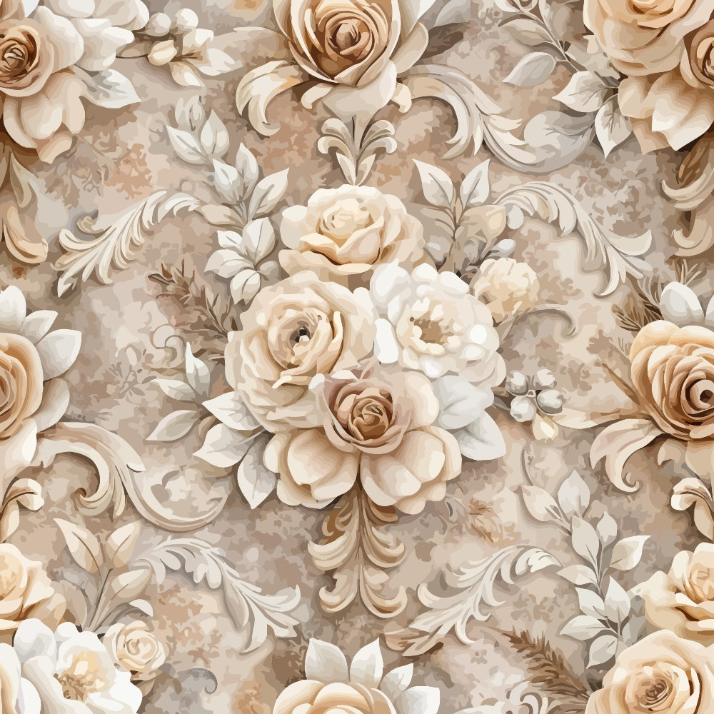 beige, cream, taupe, brown, baroque pattern, vintage roses, ornate florals, decorative scrollwork, romantic flowers, muted tones,, fabric panel, elegant design, neutral palette, rose bouquets, flowing vines, soft pastels, damask style, luxurious motifs