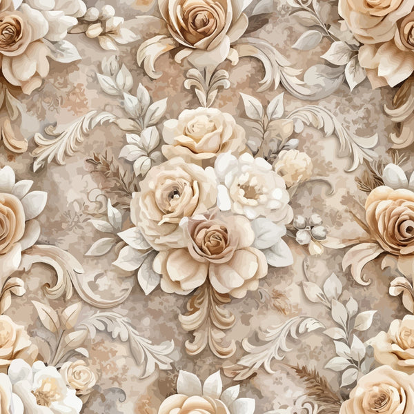 beige, cream, taupe, brown, baroque pattern, vintage roses, ornate florals, decorative scrollwork, romantic flowers, muted tones,, fabric panel, elegant design, neutral palette, rose bouquets, flowing vines, soft pastels, damask style, luxurious motifs
