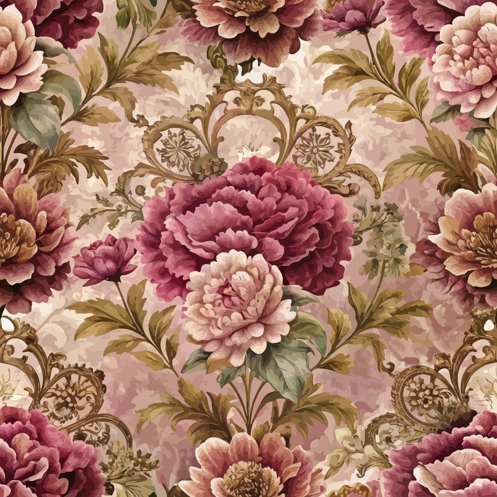 burgundy, mauve, pink, cream, olive green, baroque floral, ornate scrollwork, peonies, roses, vintage damask, decorative motifs, elegant pattern, romantic florals,, fabric panel, ornamental design, layered petals, antique style, soft pastels, intricate details