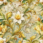 baroque florals, ornate scrollwork, cream flowers, golden yellow, sage green, decorative swirls, white blossoms, acanthus leaves, vintage pattern,, fabric panel, rococo style, elegant motifs, botanical design, ivory petals, gilded accents, luxurious pattern, flowing vines, ornamental design